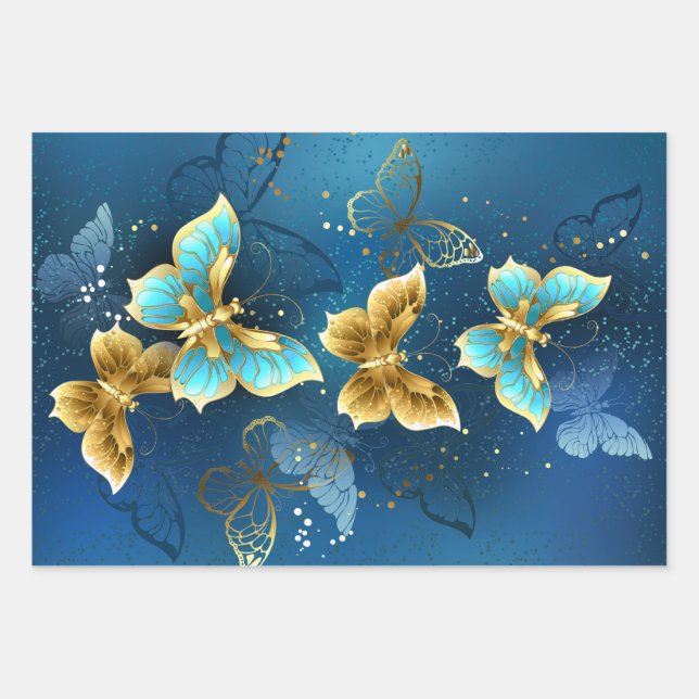 Golden butterflies wrapping paper sheet (Front)