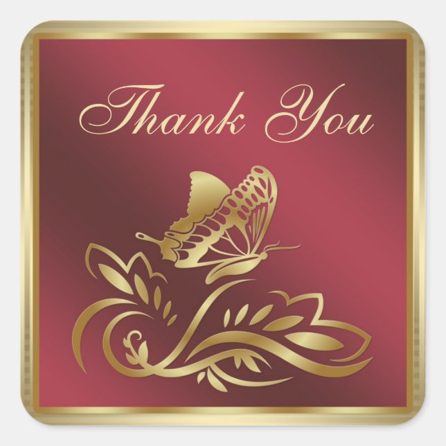 Golden butterfly and swirls on dark red Thank You Square Sticker (Front)