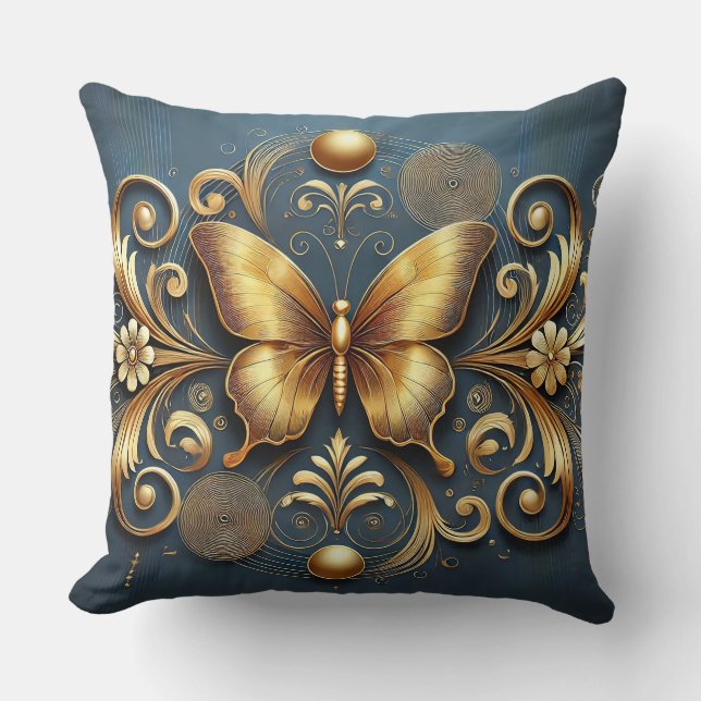 Golden Butterfly Design Throw Pillow (Front)