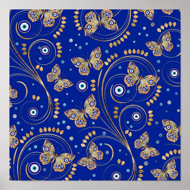 Golden Butterfly Evil Eye Pattern Poster (Front)