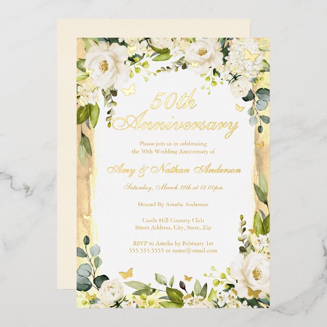 Golden Butterfly Floral 50th Wedding Anniversary  (Front/Back)