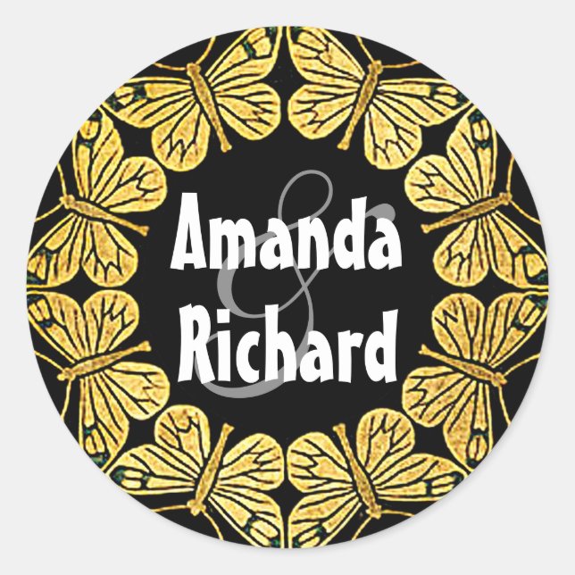 Golden Butterfly Large Wedding Classic Round Sticker (Front)