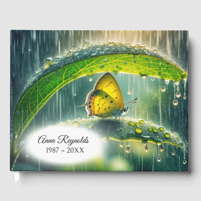 Golden Butterfly On a Leaf In the Rain Guest Book (Front)