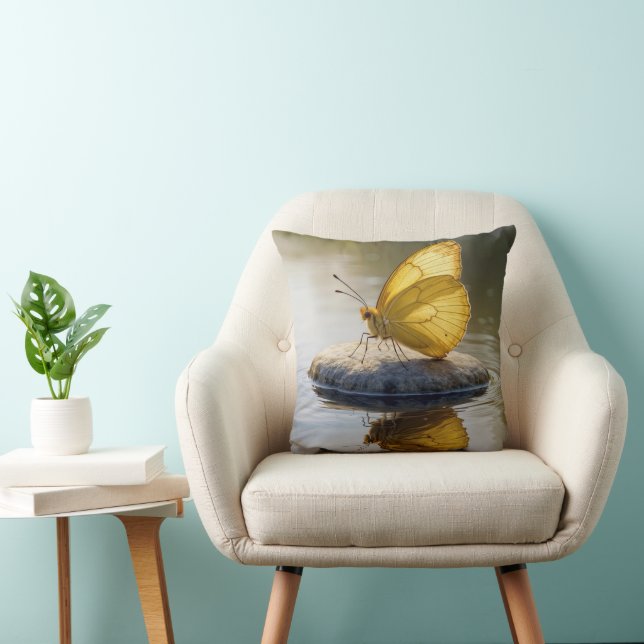 Golden Butterfly On a Rock in Water Throw Pillow (Chair)