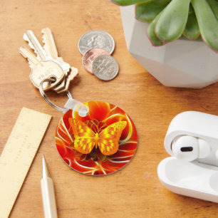 Golden Butterfly on Fiery Abstract Background Keychain