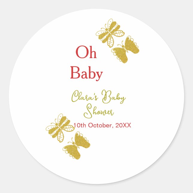 Golden butterfly red baby shower oh baby modern classic round sticker (Front)