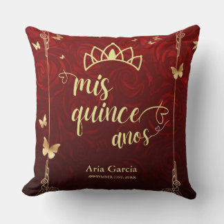 Golden Butterfly Red Roses Floral Quinceañera Throw Pillow