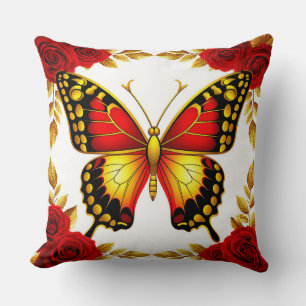 🦋 Golden Butterfly Red Roses Luxe Home Style ✨ Throw Pillow