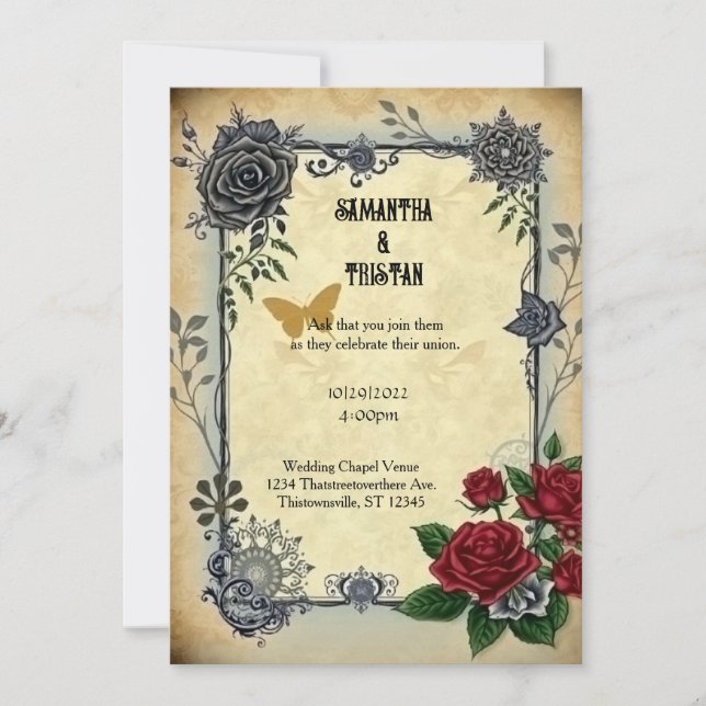 Golden Butterfly Roses Steampunk Vintage Wedding Invitation (Front)
