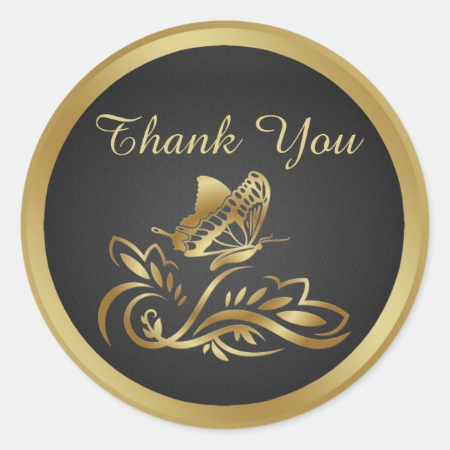Golden butterfly, swirl on black Thank You Sticker (Front)