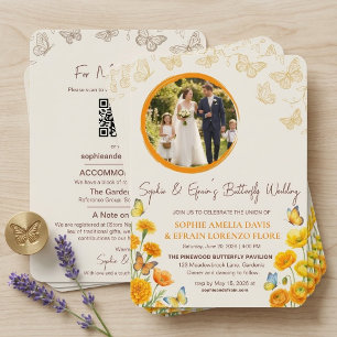 Golden Butterfly & Wildflower Photo Wedding Invitation