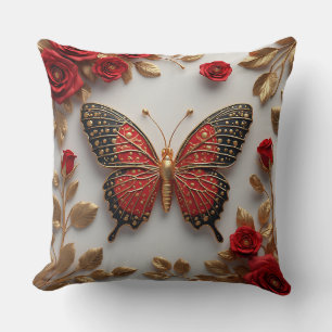 Golden Butterfly With Red Roses And Golden Leaves Throw Pillow