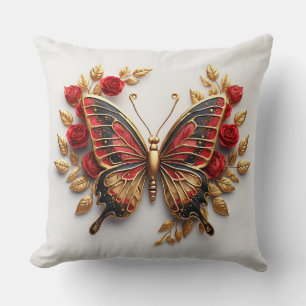 Golden Butterfly With Red Roses And Golden Leaves Throw Pillow