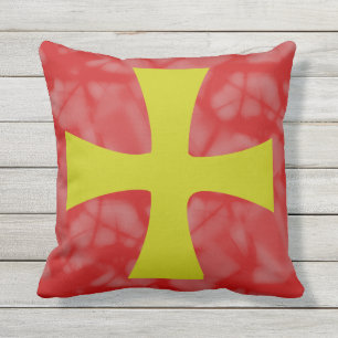 Golden Byzantine Cross Red Background Outdoor Pillow