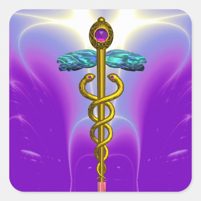 GOLDEN CADUCEUS Medical Symbol Vibrant Purple Teal Square Sticker (Front)