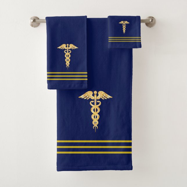 Golden Caduceus & Stripes on Navy Blue Bath Towel Set (Insitu)