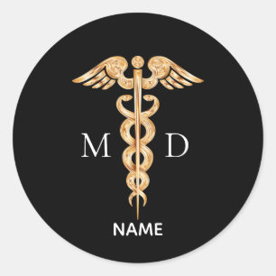Golden Caduceus Symbol & Medical Doctor Monogram C Classic Round Sticker