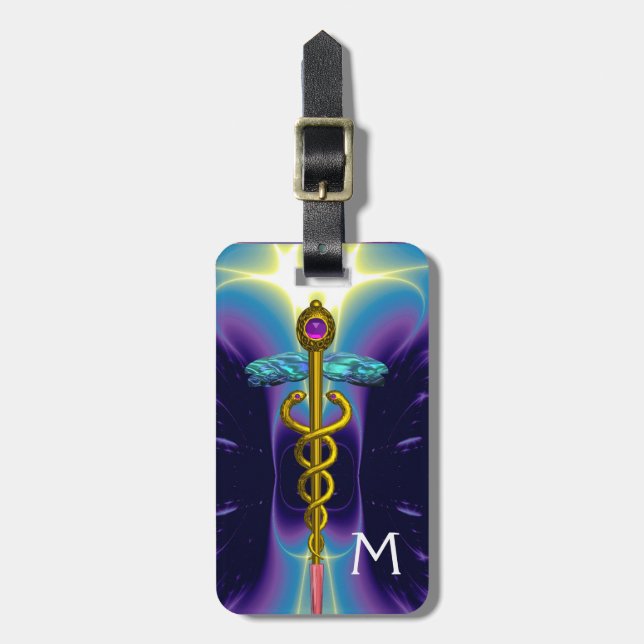 GOLDEN CADUCEUS SYMBOL MONOGRAM Purple Blue Luggage Tag (Front Vertical)