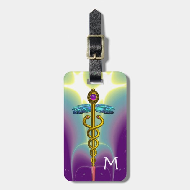 GOLDEN CADUCEUS SYMBOL MONOGRAM Purple Green Luggage Tag (Front Vertical)