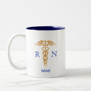 Golden Caduceus Symbol & Registered Nurse Monogram Two-Tone Coffee Mug