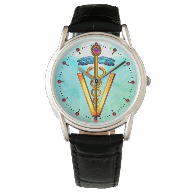 GOLDEN CADUCEUS VETERINARY SYMBOL Aqua Blue Green Watch (Front)