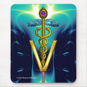 GOLDEN CADUCEUS VETERINARY SYMBOL / Aqua Blue Teal Mouse Pad