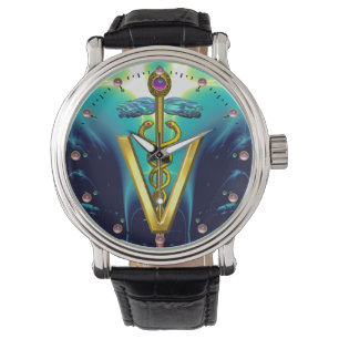 GOLDEN CADUCEUS VETERINARY SYMBOL / Aqua Blue,Teal Watch