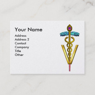 GOLDEN CADUCEUS VETERINARY SYMBOL Aqua Blue White Business Card