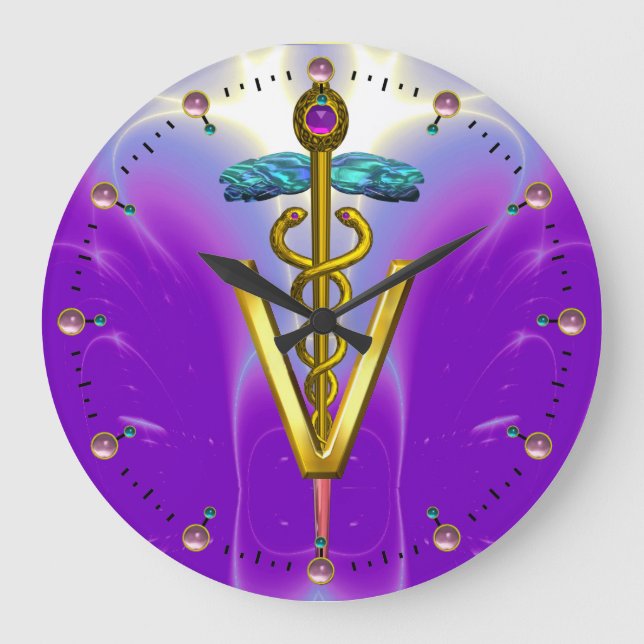 GOLDEN CADUCEUS VETERINARY SYMBOL / Blue Purple Large Clock (Front)