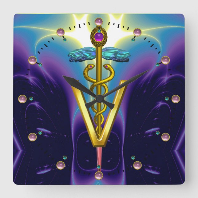 GOLDEN CADUCEUS VETERINARY SYMBOL /  Blue Purple Square Wall Clock (Front)