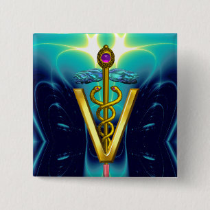 GOLDEN CADUCEUS VETERINARY SYMBOL / Blue Turquoise 2 Inch Square Button