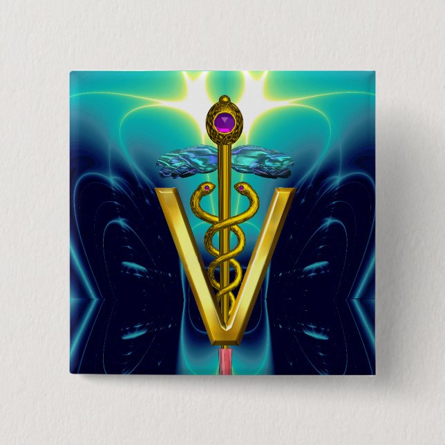 GOLDEN CADUCEUS VETERINARY SYMBOL / Blue Turquoise 2 Inch Square Button (Front)
