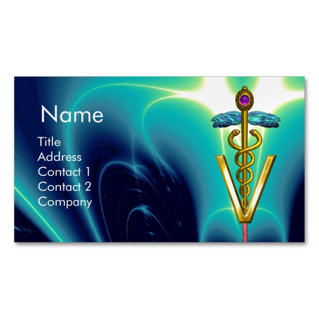 GOLDEN CADUCEUS VETERINARY SYMBOL / Blue Turquoise Magnetic Business Card (Front)
