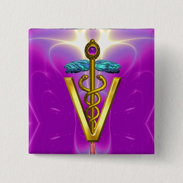 GOLDEN CADUCEUS VETERINARY SYMBOL / Pink Fuchsia 2 Inch Square Button (Front)