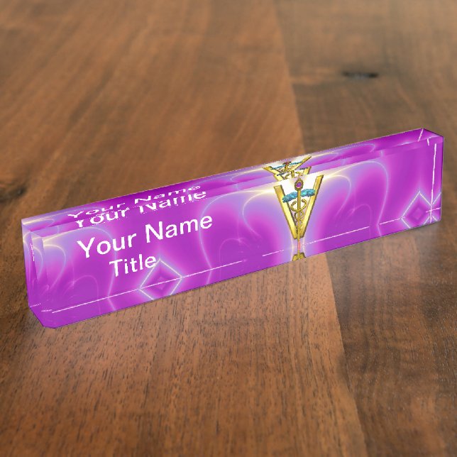 GOLDEN CADUCEUS VETERINARY SYMBOL Pink Fuchsia Nameplate (Side)