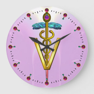 GOLDEN CADUCEUS VETERINARY SYMBOL / Pink Large Clock