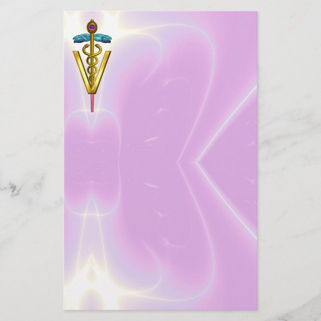 GOLDEN CADUCEUS VETERINARY SYMBOL / Pink Lilac Stationery (Front)