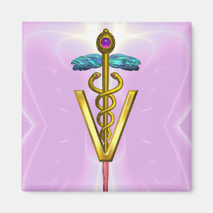 GOLDEN CADUCEUS VETERINARY SYMBOL Pink Magnet