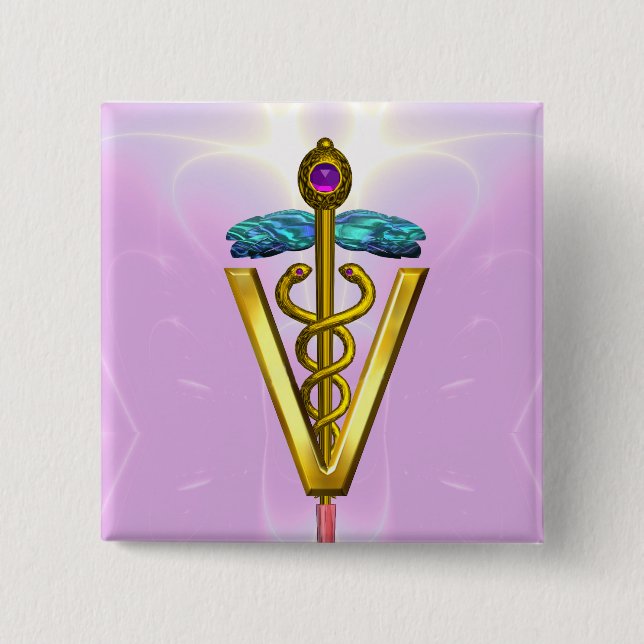 GOLDEN CADUCEUS VETERINARY SYMBOL / Pink White 2 Inch Square Button (Front)