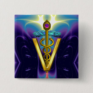 GOLDEN CADUCEUS VETERINARY SYMBOL / Purple Blue 2 Inch Square Button