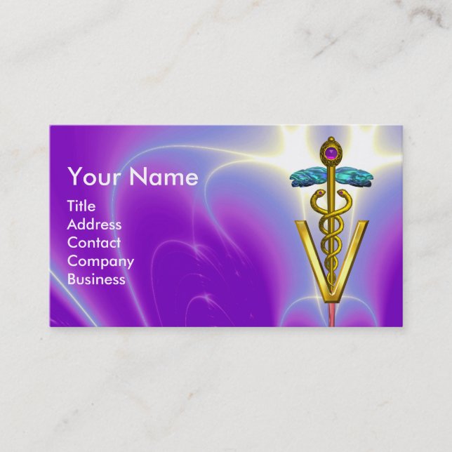 GOLDEN CADUCEUS VETERINARY SYMBOL / Purple Blue Business Card (Front)