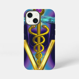 GOLDEN CADUCEUS VETERINARY SYMBOL / Purple Blue iPhone 13 Mini Case