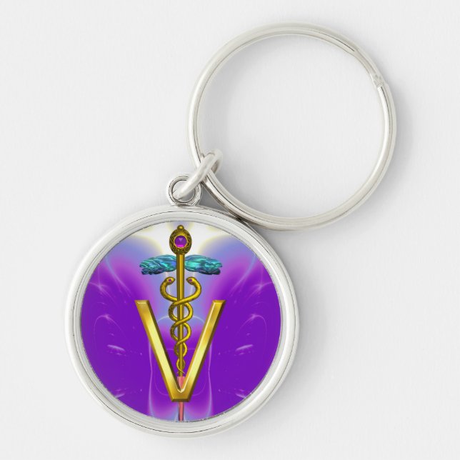 GOLDEN CADUCEUS VETERINARY SYMBOL Purple Blue Keychain (Front)