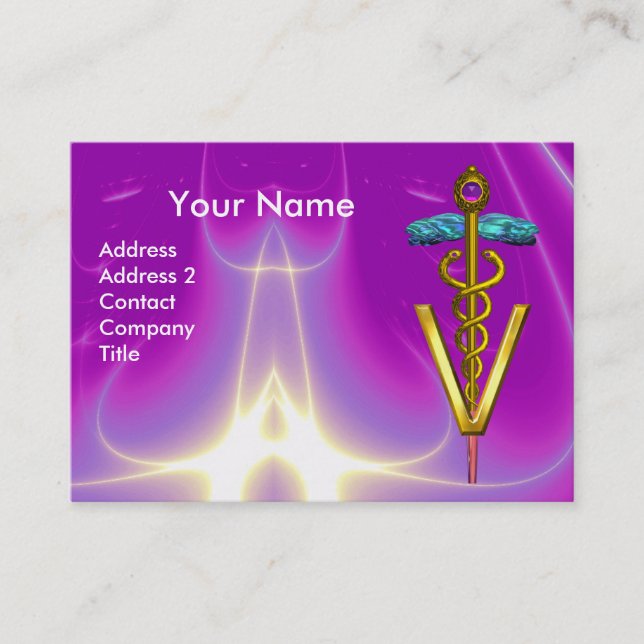 GOLDEN CADUCEUS VETERINARY SYMBOL / Purple Fuchsia Business Card (Front)