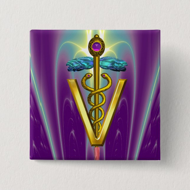 GOLDEN CADUCEUS VETERINARY SYMBOL / Purple Green 2 Inch Square Button (Front)