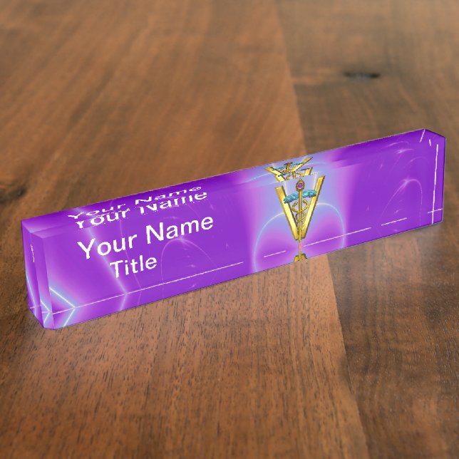 GOLDEN CADUCEUS VETERINARY SYMBOL Purple Teal Blue Nameplate (Side)
