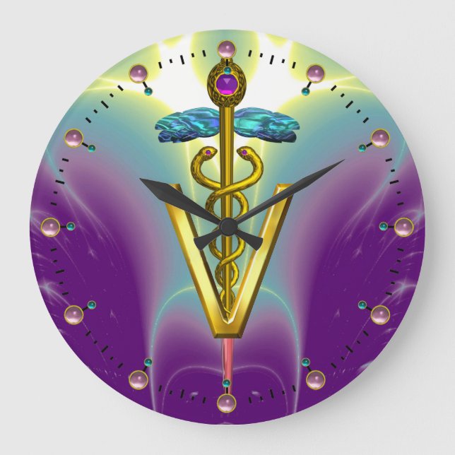GOLDEN CADUCEUS VETERINARY SYMBOL / Purple Teal Large Clock (Front)