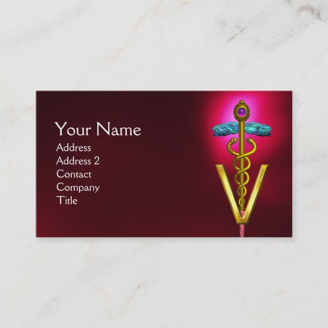 GOLDEN CADUCEUS VETERINARY SYMBOL / Red Burgundy Business Card (Front)