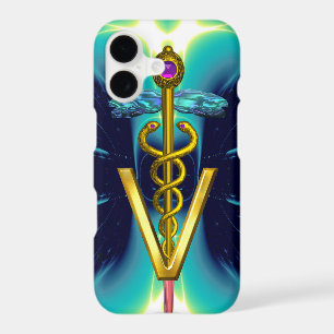 GOLDEN CADUCEUS VETERINARY SYMBOL / Teal Blue
