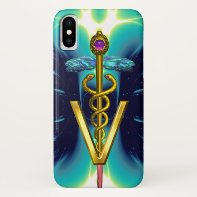 GOLDEN CADUCEUS VETERINARY SYMBOL / Teal Blue Case-Mate iPhone Case (Back)